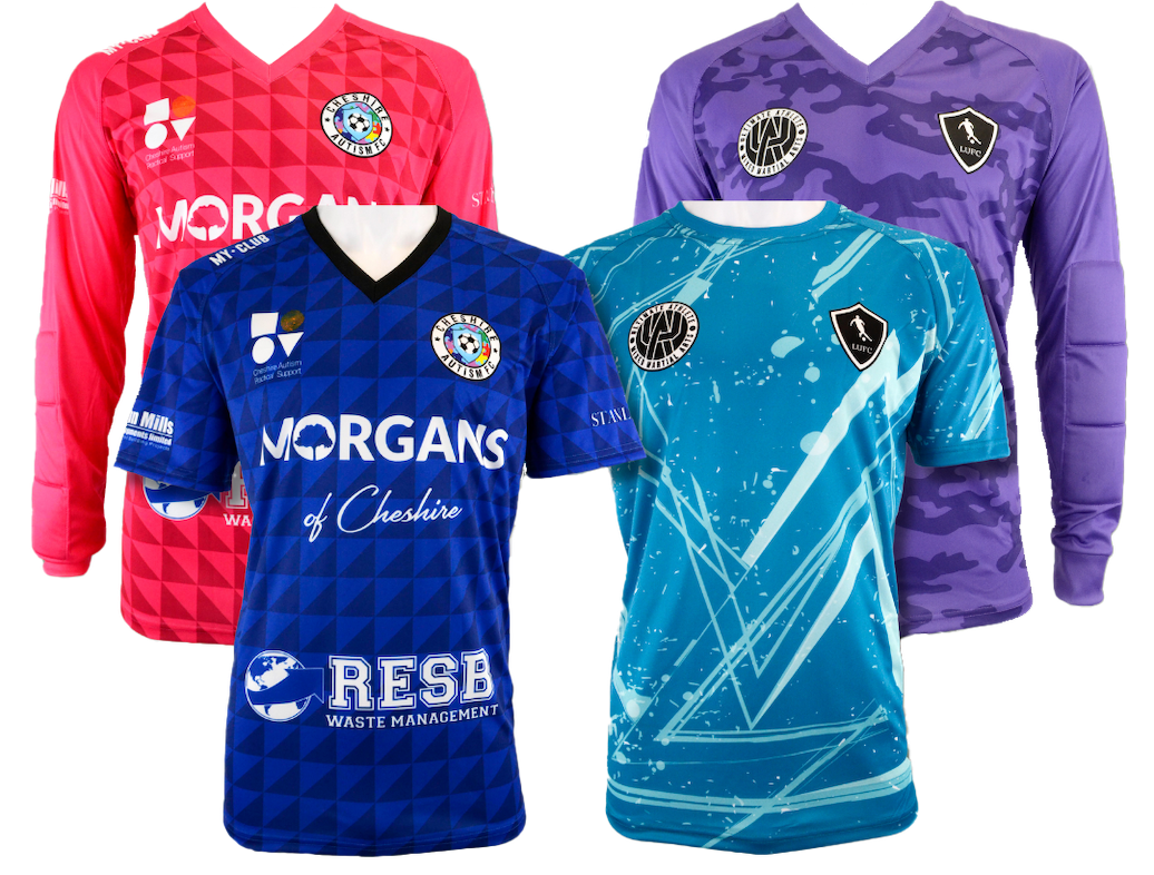 Multiple football kits in various colours