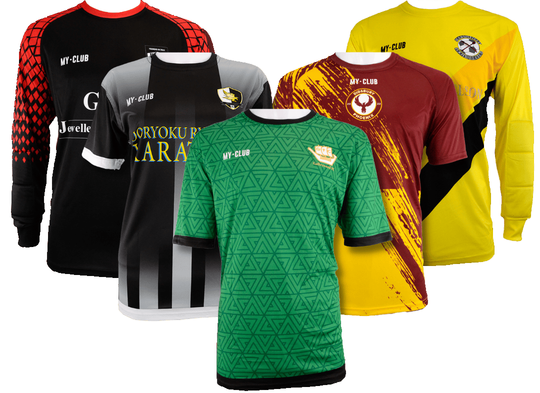 Multiple football kits in various colours